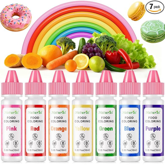 Natural Food Coloring 7 Colors Set 10ml, FD&C Dye Free & No Artificial Dyes Baking Supplies, Vibrant Rainbow Natural Edible Dye for Cake Decorating, Cookie Icing, Fondant Frosting & Slime| 0.35oz/Bottles