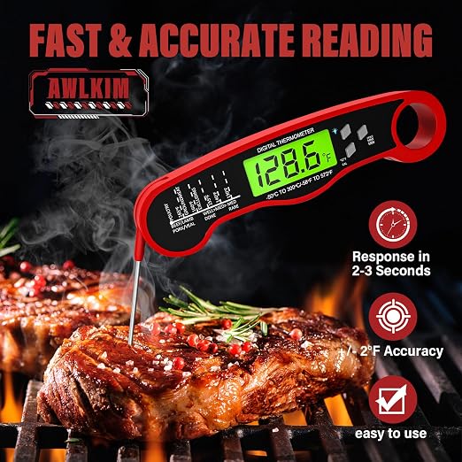 AWLKIM 2 Pack Digital Meat Thermometer, Instant Read Thermometer, Red | 2-pack grill and kitchen thermometers with backlit displays and magnetic storage