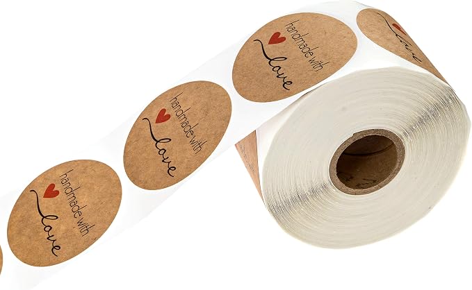 2" Round Natural Brown Kraft Handmade with Love Stickers/Roll of 500 Labels/Homemade Handmade DIY Project Labels/Made in The USA