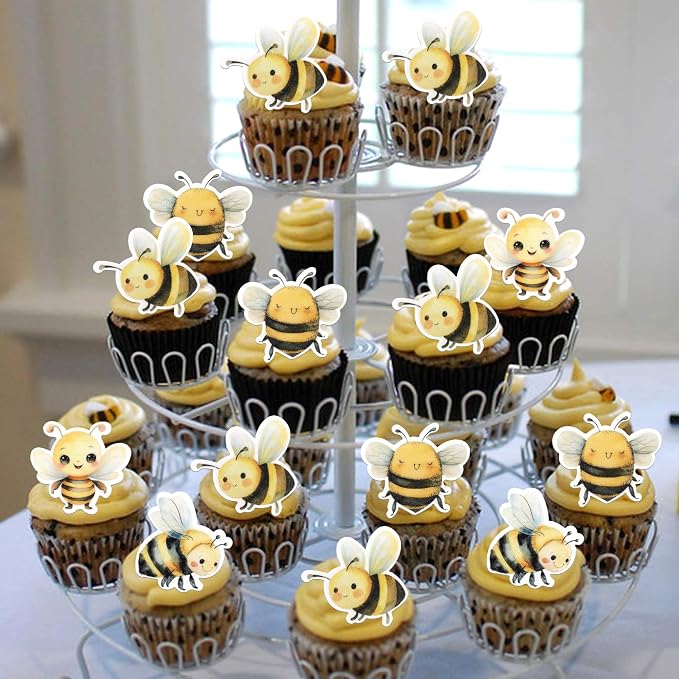 60 PCS Edible Bumble Bee Cupcake Toppers Edible Honey Bee Cupcake Picks Waper Paper Oh Babee Cupcake Decorations for Bee Theme Baby Shower Boys Girls Birthday Party Cake Food Decorations Supplies