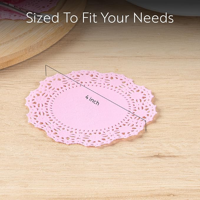 Restaurantware Pastry Tek 4 x 4 Inch Lace Doilies 100 Decorative Tableware Placemats - Disposable Round Pink Paper Table Doilies For Birthdays Or Weddings Table Decor