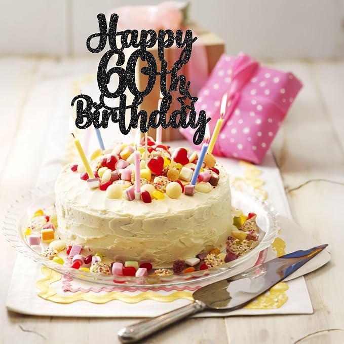 Gyufise 1 Pc Happy 60th Birthday Cake Topper, Black, Cheers to 60 Years Old, 60th Birthday Cake Pick, Non-Edible, 5.5" x 9.1"