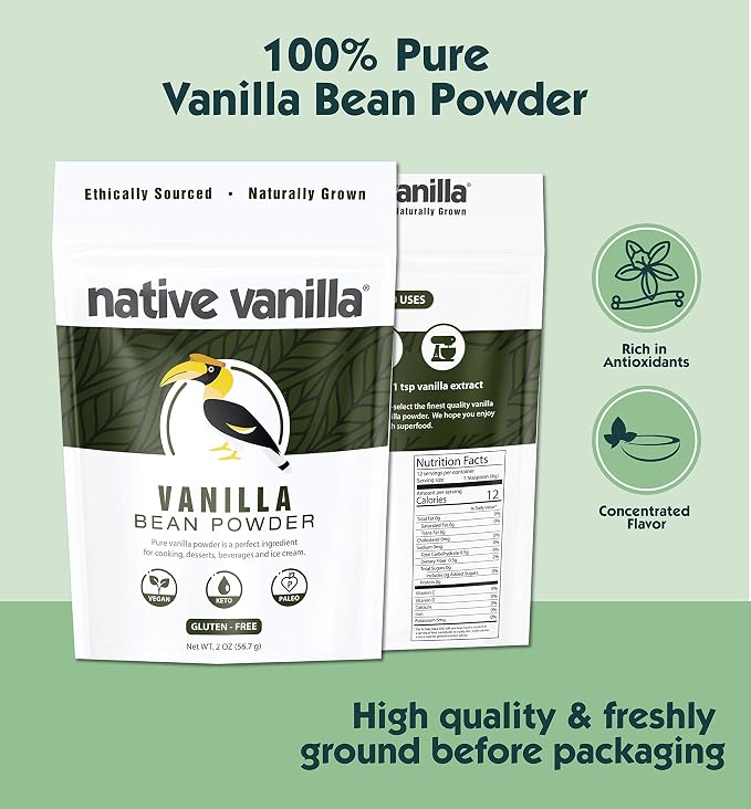 Vanilla Bean Powder - 4 oz - Premium 100% Pure Ground Vanilla Bean Powder - For Cooking, Baking, Coffee, Smoothies & Desserts - No Fillers or Additives, Raw & Unsweetened - Native Vanilla