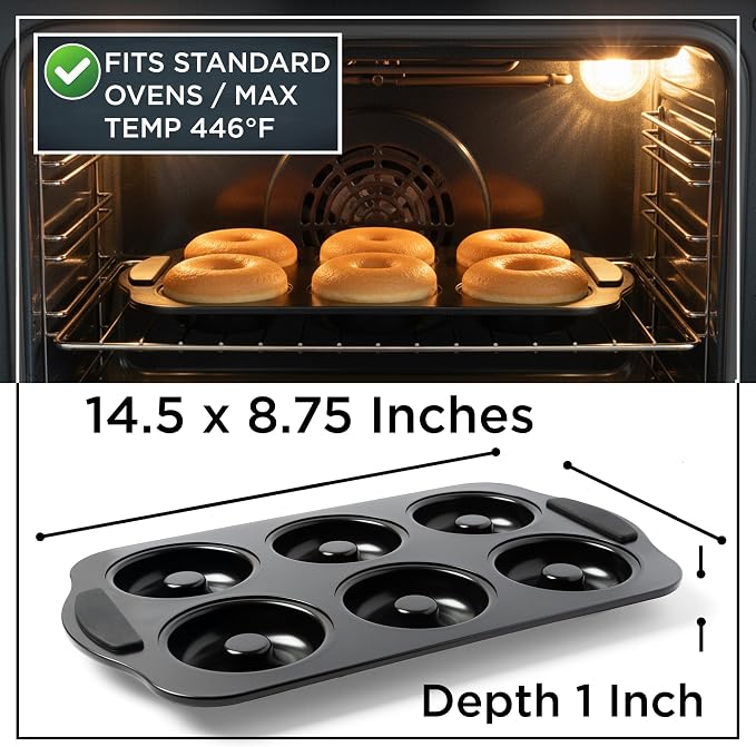 Wrenbury Donut Mold for Baking - NonStick Toughened Carbon Steel Bagel Pan | Silicone Grip Handles, PFOA Free, Easy Release, Even Heating, Oven and Dishwasher Safe, 3.5 Inch Cups