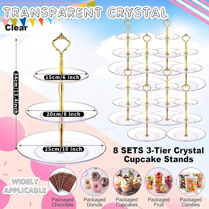 Teenyyou 8 Pack 3 Tier Cupcake Stand Bulk Tiered Dessert Stand Thick Plastic Serving Tray with Gold Edges Dessert Table Display Set Tea Cake Holder for Wedding Birthday Party (Clear Gold,Crown Shaped)