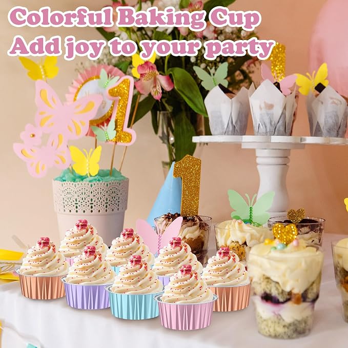 200 Pack Aluminum Foil Cupcake Liners with Lids, 5 oz Round Baking Cup, Disposable Ramekin Container for Graduation Wedding Independence Day Party(Champagne, Pink, Light Purple, Blue,Plain)
