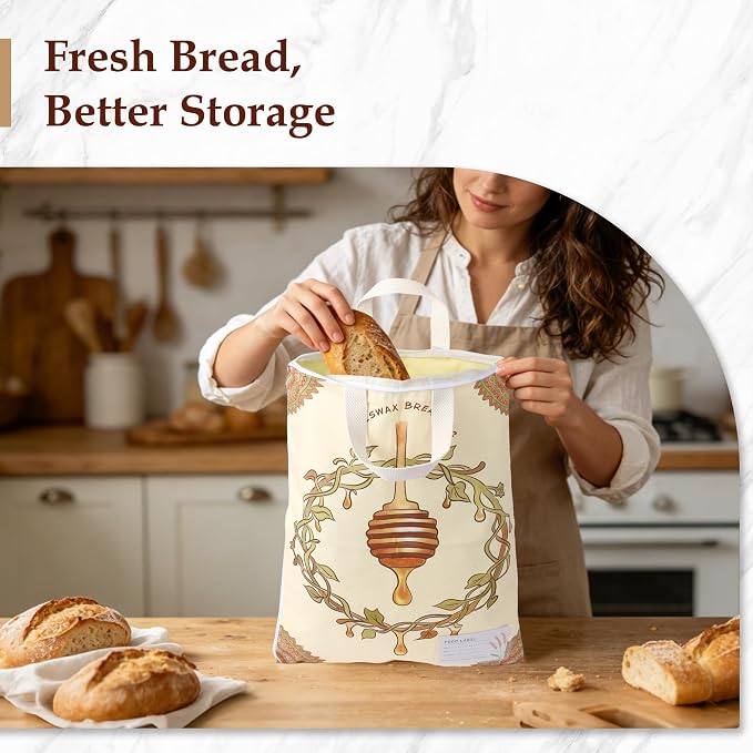 2 Pack Beeswax Bread Bags for Sourdough, 17x13 Inch Reusable Cotton Bread Storage Bags with Zipper and Handle Natural Beeswax Lining Freezer Friendly with 10 Food Labels Included (Honey Vine)