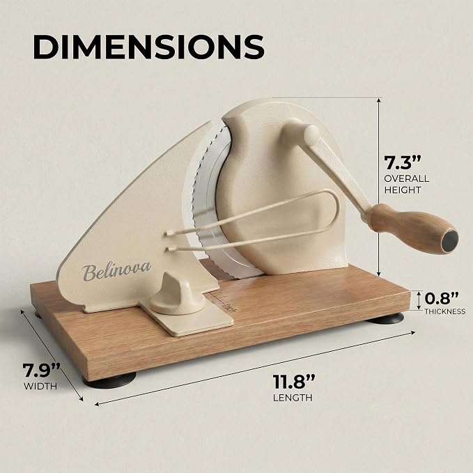 Sourdough Bread Slicer for Homemade Bread, Adjustable Thickness, Hand Crank | Adjustable thickness up to 0.9 in, 430 stainless steel blade, anti-jam guide, solid wood base, suction feet, and hand crank.
