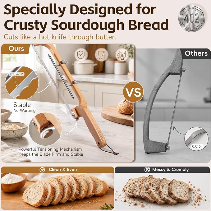 Tievo Adjustable Bread Knife, 5 Thickness Settings Bread Slicer with Guide for Sourdough & Homemade Bread, Bow Knife for Even Slices, Gift for Sourdough Bakers