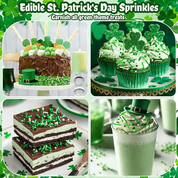 LEBERY St. Patrick's Day Sprinkles 8 Oz Green Sprinkles for Cake Decorating | White Green Jimmies Edible Mini Sugar Pearls Sprinkles Sweet Luck Sprinkle St. Patrick's Day Christmas Cake Cupcake Toppings