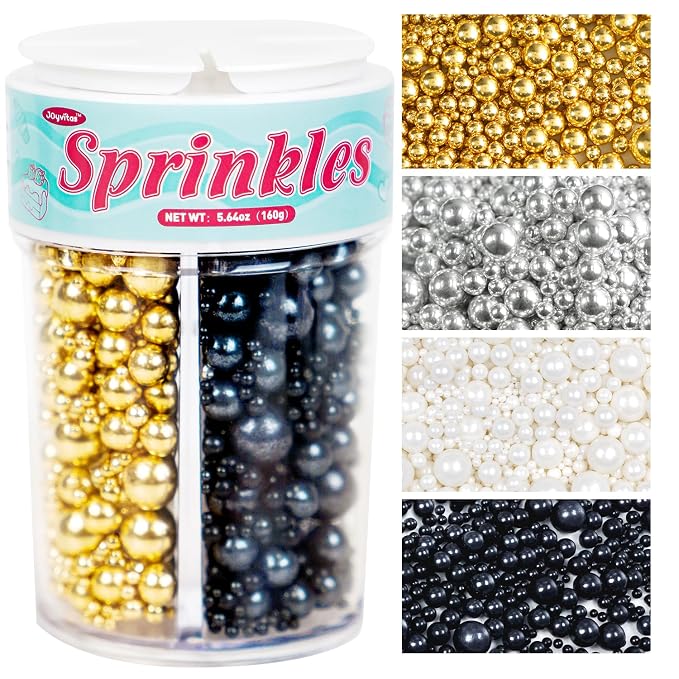 Edible Pearl Sprinkles for Cake Decorating, 160g/5.64oz, Mix 4 Colors Gold White Silver and Black Pearls Sprinkles for Cupcake, Cookies, Baking Cake Decorations, Holiday, Wedding Party Supplies
