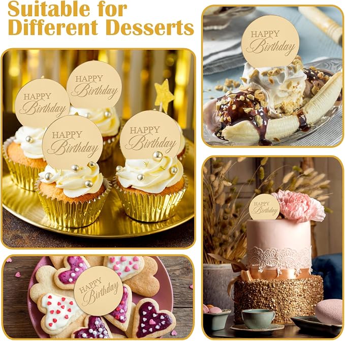 20pcs Gold Birthday Cupcake Toppers Acrylic Cake Picks for Party Decor | Mirror Design Birthday Party Supplies Round Picks DIY Gifts Flower Bouquet Pastries Desserts Decor