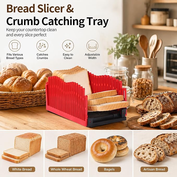 Bread Slicer for Homemade Bread - Adjustable Foldable Compact | For home bakers. Scale markings for even slicing, non-slip base for safety, crumb tray for easy cleanup & storage