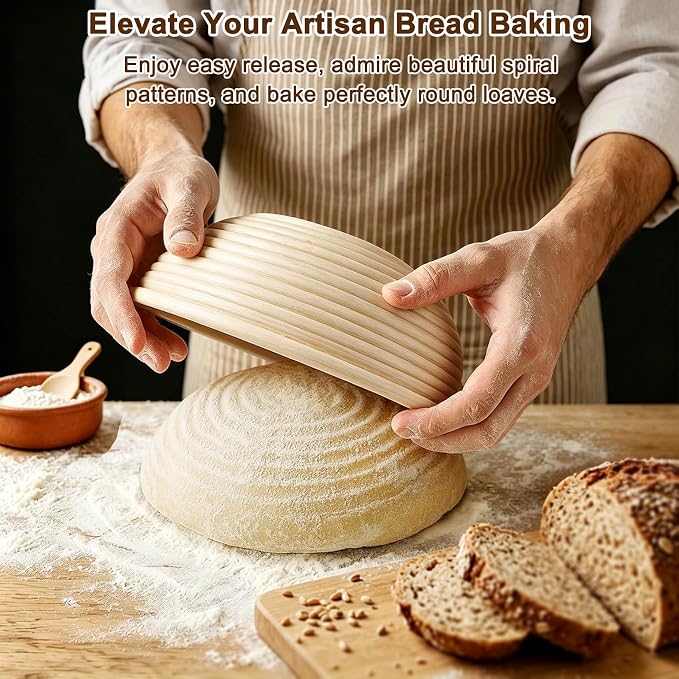 Banneton Bread Proofing Basket for Sourdough & Baguettes, 9 Inch Round Natural Rattan Bread Basket with Washable Linen Liner