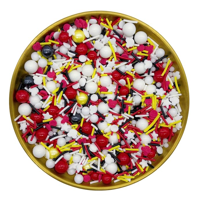 Yellow & Red & Black & White Sprinkles Mix Size Pearls Mouse Themed Cake Decorations Cupcake Toppers Perfect for Wedding Party Valentine Halloween Christmas Supplies 4.58OZ