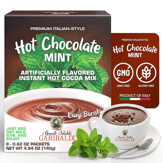 Cafe Garibaldi Premium Hot Chocolate Mint - Instant Cocoa Mix with Cocoa Powder, Gluten-Free & GMO-Free, 8 Servings x 0.62oz Packets, Ideal Italian Hot Chocolate Gift