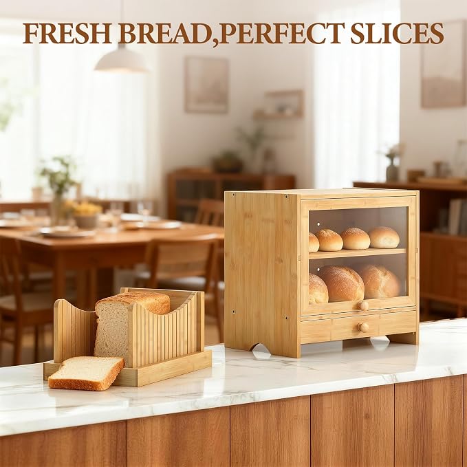 2 Tier Bread Box with Slicer and Cutting Board Extra Large | Bread Storage,Keep Bread Fresh,Natual Bamboo,Large Capacity,Space-Saving,Acrylic Window,For Homemade Bread,Kitchen Storage