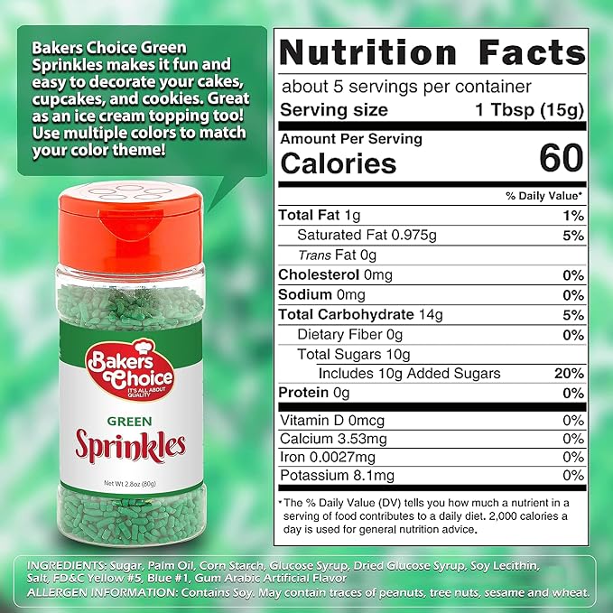 Bakers Choice Green Sprinkles for Baking - Jimmies Sprinkles for Ice Cream Toppings - Dairy Free, Kosher 2.8 oz.