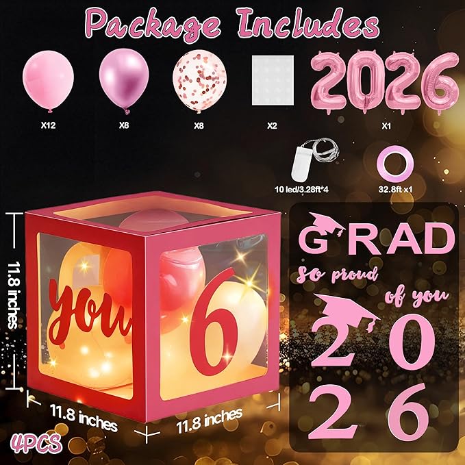 AYGXU Graduation decorations class of 2026 pink- Graduation Decorations, Balloons Box (4PCS) with letters&balloons,balloon stand set for table,LED String Light,graduation party decorations