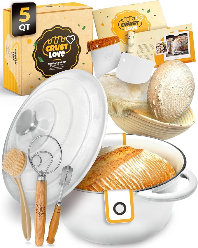 CRUSTLOVE Dutch Oven for Bread Baking - incl. Sourdough Bread-Baking Supplies like Banneton Bread-Proofing Basket - 5QT Enameled Cast Iron Bread-Oven with Lid, Baking Pan, Scoring Tool Lame