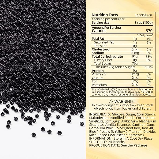 Bayep Edible Pearls for Cake Decorating 2mm Black Sprinkles for Cookies, Baking, Ice Cream, Cupcake Topper Pearl Sprinkles Perfect for Wedding Party Valentines Christmas Holiday Supplies 3.52 Ounce