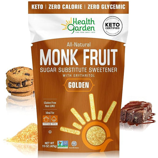 Health Garden Monk Fruit Sweetener, Golden, 15oz Bag – 1:1 Monk Fruit Sugar Substitute with Erythritol – Zero Calorie Monkfruit Sweetener Pure – Ideal for Baking, Keto Friendly, Non-GMO, Kosher