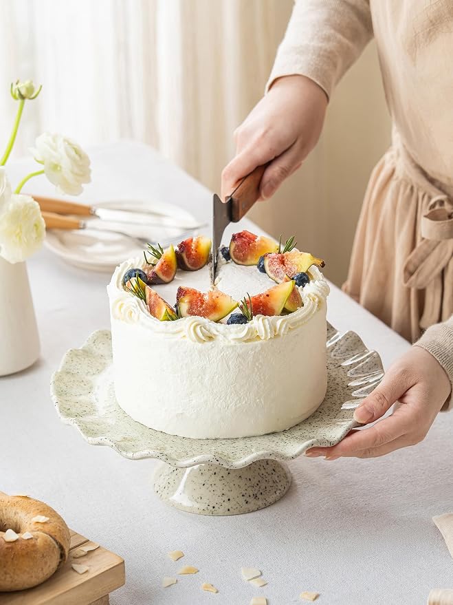 Ceramic Cake Stand, Small Cake Plate for 8 Inch Cake, Vintage Cake Pedestal Stand with Ruffle Trim for Mother's Day, Cupcake Stand for Dessert Table Display, Speckled White
