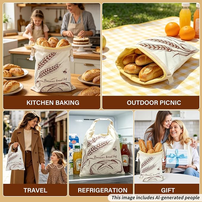 2-Pack Beeswax Bread Bags & 3 Wraps for Sourdough & Homemade – Fold Buckle | Natural cotton, 17x13 in bag with roll & buckle. Includes 3 wraps S/M/L. Reusable, freezer safe, washable, keeps bread fresh.