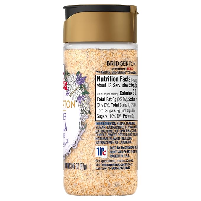 McCormick Bridgerton Finishing Sugar, Lavender Vanilla, Limited Edition, Floral Lavender Notes, Smooth Vanilla Flavor, For Cakes, Cocktails, Matcha Tea, and More, 3.45 oz (Pack of 2)