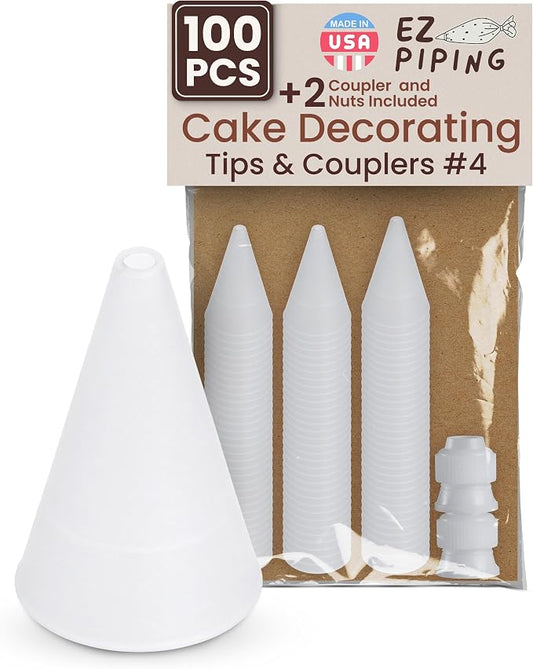 Reusable Plastic Piping Tips Standard Size Round Tip #4 100 Pack with 2 Couplers Round Icing Nozzle for Cake Decoration, Dessert Design Baking Supplies & Piping Bags Base Ø 0.75"Height 1.25"
