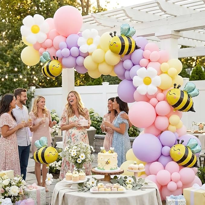Bee Balloon Garland Arch Kit 121Pcs Macaron Pink Purple Yellow Latex Balloons with Bee Daisy Foil Balloons for Lemonade Birthday Honeybee Party Baby Shower Spring Garden Party Decor