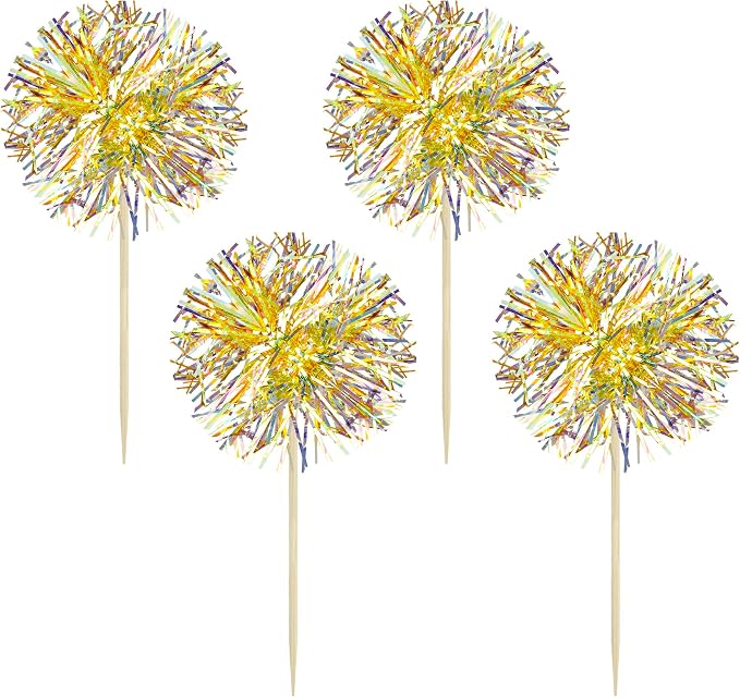Gyufise 30Pcs Foil Firework Cupcake Toppers Sparkle Tinsel Cake Toppers Tinsel Drink Cake Decoration Cocktail Picks for Halloween Birthday Wedding Graduation Party Supplies Laser Yellow