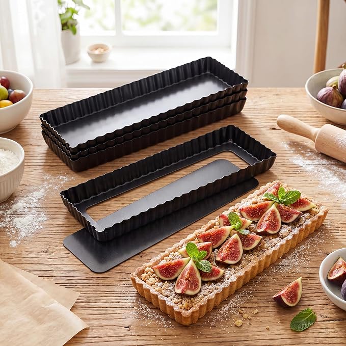4 Pack Rectangular Tart Pans 14 Inch Nonstick Quiche Pie Pan with Removable Bottom Tart Pans for Pies, Quiche Bakeware, Cheese Cakes, Desserts