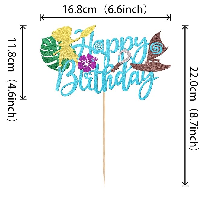 1 PCS Moana Happy Birthday Cake Topper Glitter Palm Leaf Flower Moana Cake Pick for Tropical Hawaiian Luau Theme Baby Shower Kids Birthday Party Cake Decorations Supplies Blue