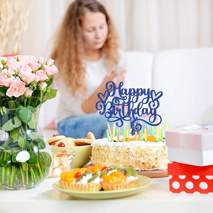 Gyufise 1Pcs Happy Birthday Cake Topper Glitter Cake Pick Bunting Decor for Anniversary Celebrating Party Cake Decorations Supplies Dark Blue