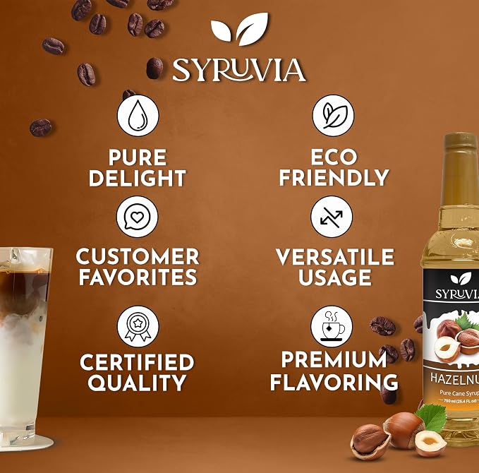 Syruvia Coffee Syrup, Hazelnut Flavored Syrup for Drinks, Lattes, and Desserts – 25.4 fl oz - with Pump