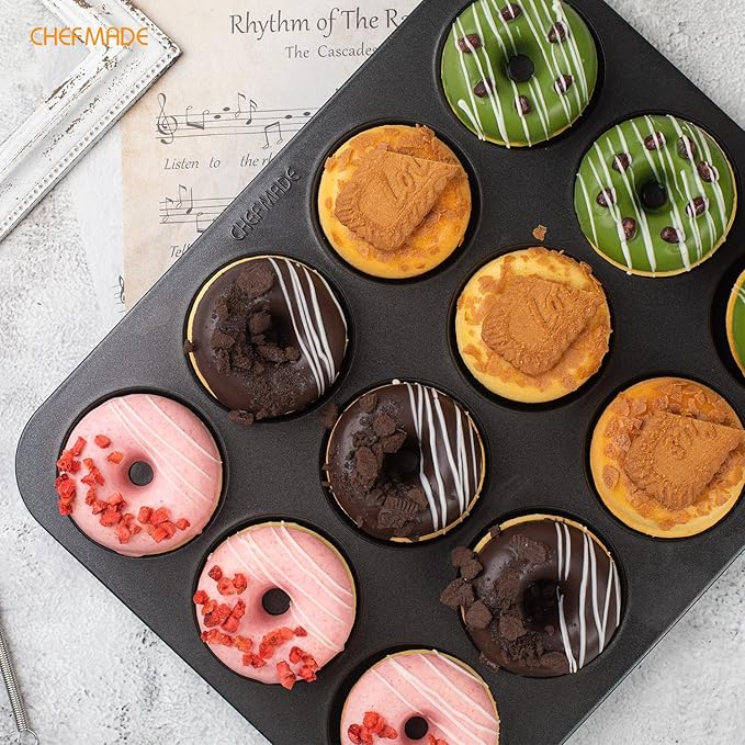 CHEFMADE Nonstick Donut Pan, 12 Cavity Ring Doughnut Pan for Baking Cookies Bagel (Black)