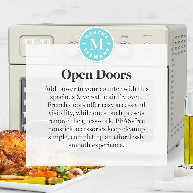 Martha Stewart French Door Air Fryer Toaster Oven Combo, 34QT Countertop Convection, 12-in-1, Bake, Broil, Roast, Fits 12” Pizza, Dehydrate, 5 Accessories, Air Fry Basket, Stainless Steel, Linen Cream