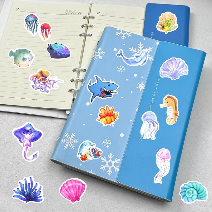 100 Pcs Ocean Stickers for Scrapbooking, Waterproof Vinyl Cute Sea Animal Stickers for Scrapbook Laptops Water Bottles, Decorative Decals for Teens Students Adults