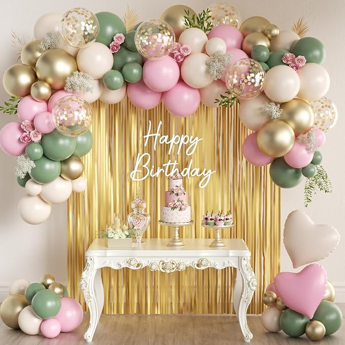 157Pcs Sage Green Pink White Gold Balloons Garland Arch Kit with Gold Fringe Curtain for Birthday Bridal Baby Shower Gender Reveal Weddings Graduation Party Decorations