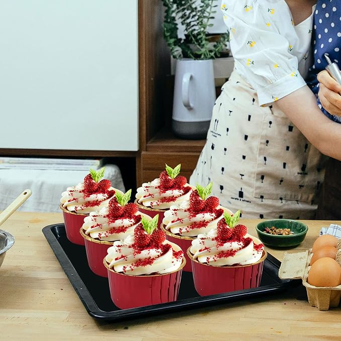 Cupcake Liners with Dome Lids 100 Pack,LNYZQUS 5.5Oz Foil Baking Cups Muffin Tin,Large Cupcake Wrappers Souffle Pudding Ramekin Holders for Christmas Wedding Birthday Party,with Spoons-Red in Gold