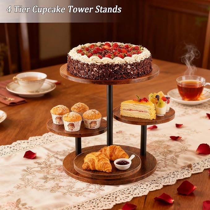4 Tier Cupcake Tower Stand,360° Rotating Wood Cake Stand for 50 Cupcakes,Dessert Table Display Stands for Wedding Birthday Party Decoration Baby Shower Tea Party