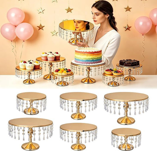 6 PCS Gold Cake Stand Set with Crystal Pendants - Dessert Table Display Set, Metal Cake Holder Stand for Wedding, Party, Birthday, Baby Shower, Event Bridal Celebration