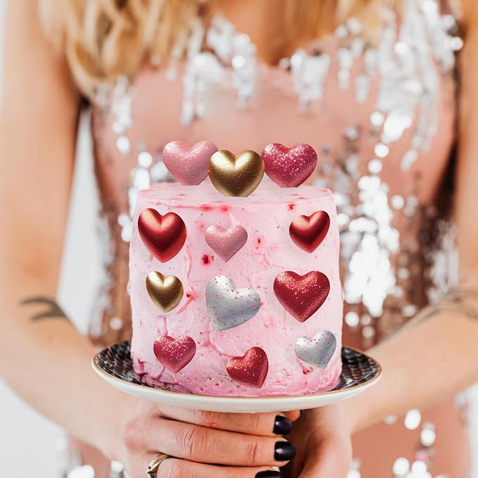 56PCS Edible Heart Cupcake Toppers Wafer Paper Red Pink Heart Cupcake Picks Sweet Love Cake Decor for Valentine's Day Theme Party Birthday Decoration Supplies