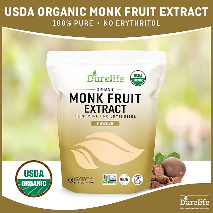 DureLife Organic 100% Pure Monk Fruit Sweetener, No Erythritol, 10 Oz | Zero Calorie Sugar Substitute, No Fillers, Keto Certified, OU Kosher, USDA Organic, Non-GMO Project Verified