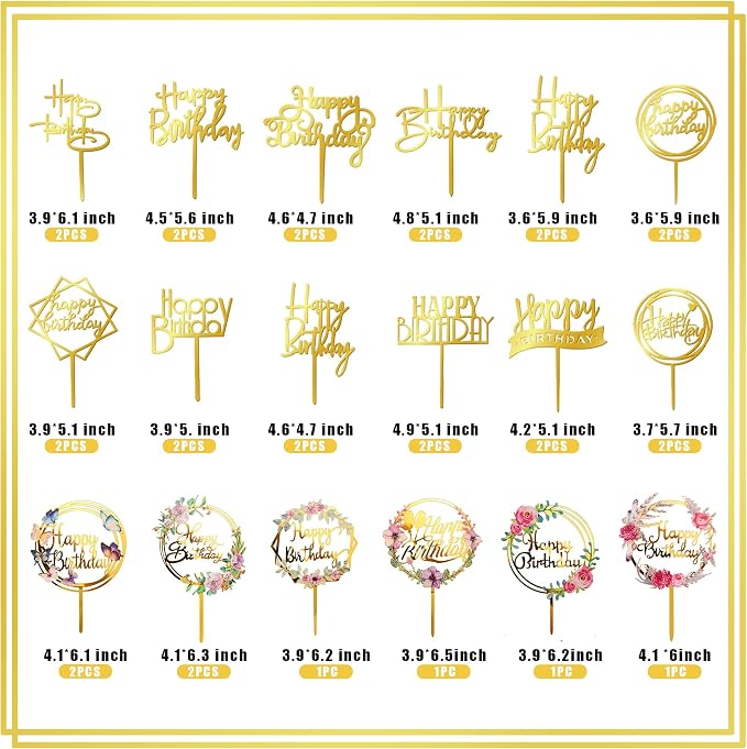 32 PCS Gold Happy Birthday Cake Toppers Flower Acrylic Birthday Cake Topper Cake Pick Decorations (Gold)