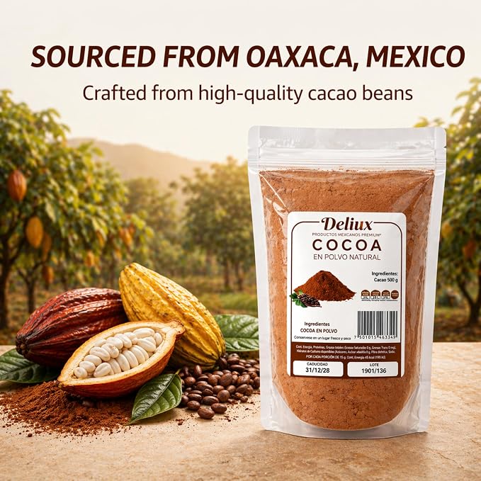 Deliux Cocoa Powder Cacao En Polvo 100% Natural Oaxaca Artisanal 500g Unsweetened Mexican Cocoa