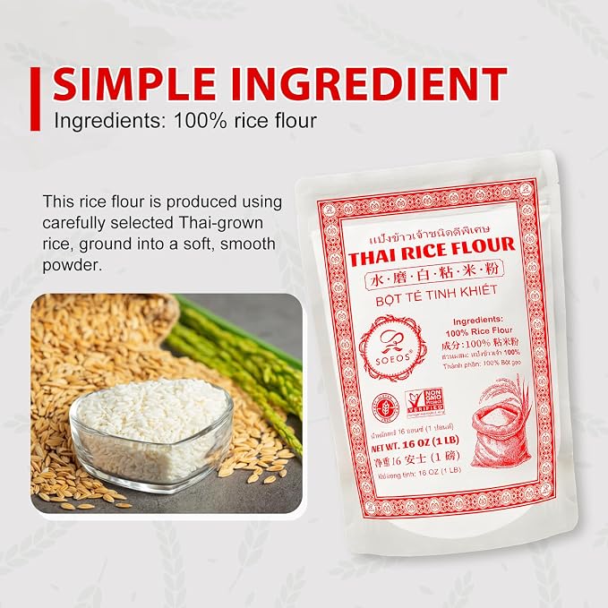 Soeos Thai Rice Flour 32 Ounce (Basic), Rice Flour for Baking or Cooking, All Natural White Rice Flour for Sourdough Bread, Vegan, Gluten-Free