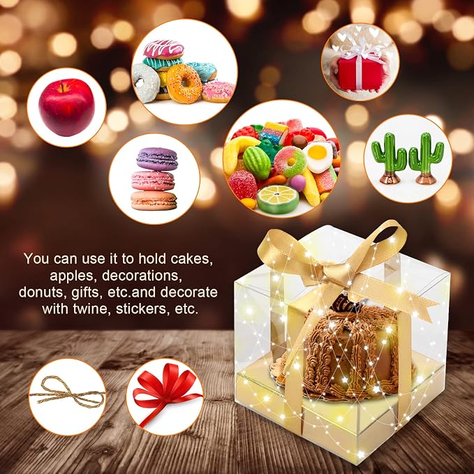 12 Pack Clear Plastic Cupcake Boxes, 3.5 Inch Gold Single Cupcake Containers Disposable Individual Cup Cake Carrier Holder Boxes with Inserts and Ribbon (Gold)