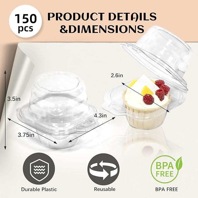 WIKDAY 150 Pack Individual Cupcake Containers, Plastic Cupcake Boxes with Lids, Stackable and Reusable, Clear Design for Cupcakes, Muffins, Donuts, Salad Storage